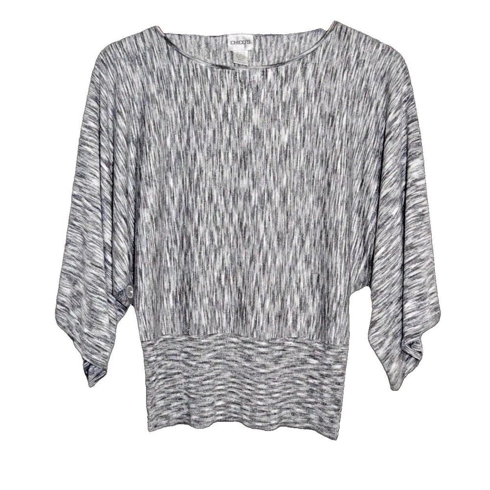 Chico’s Sweater Size 1 (M) Silver Metallic Gray White Dolman Sleeve Party Travel